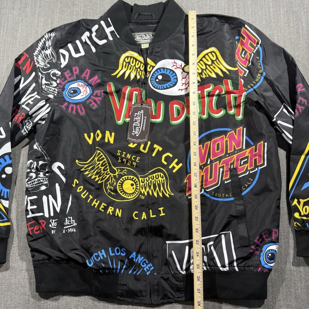 Von Dutch Jacket Mens XL Black Multicolor Graphic Bomber Full Zip Logo Allover - Picture 3 of 6
